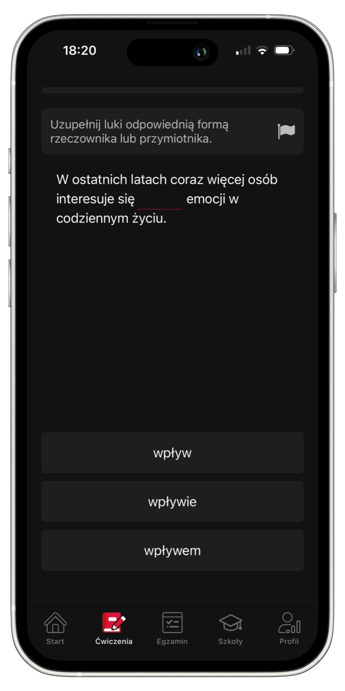 Screenshot of PolishGo app interface for Polish language exam preparation